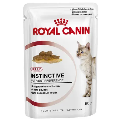 Royal Canin Instinctive Jelly våtfoder för vuxna katter, 85 g. Bild på foderbitar i gelé och katt. Text: Ausgewachsene Katzen, Chats adultes, Для взрослых кошек.
