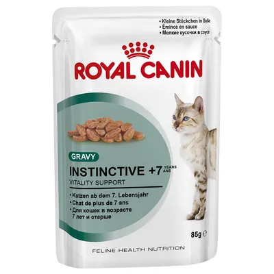 Gravy Instinctive +7 years vitality support, small pieces in sauce, for cats over 7 years, 85g. Feline health nutrition. Text in multiple languages.