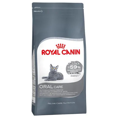Royal Canin ORAL CARE suha hrana za mačke, prikaz pakiranja s natpisom 'up to 59% reduced tartar formation in 28 days', slika sive mačke na prednjoj strani.