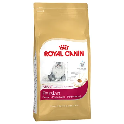 Bag labelled Royal Canin Adult Persian, for over 12 months old. Highlights include special long hair care, hairball reduction, and digestive performance. Feline breed nutrition.
