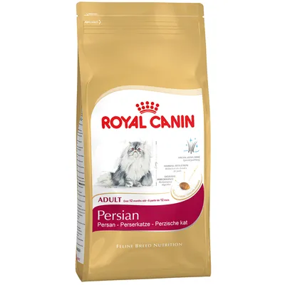 Royal Canin Persian Adult dry food bag showing product name, suitable for over 12 months, with digestive performance and hairball reduction features highlighted.