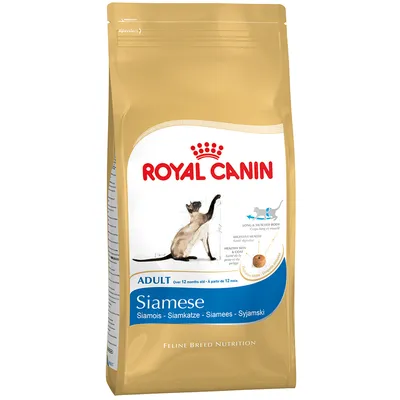 Saco de pienso Royal Canin Adult Siamese para gatos, con ilustración de un gato siamés y texto visible: 'LONG & MUSCLED BODY', 'DIGESTIVE HEALTH', 'HEALTHY SKIN & COAT'.