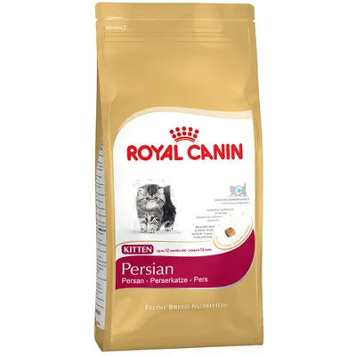 Saco de pienso Royal Canin Kitten Persian para gatos persas hasta 12 meses. Imagen de un gatito persa en el envase. Texto visible: Feline Breed Nutrition.