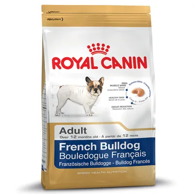Vreća hrane za pse Royal Canin Adult French Bulldog, prikaz francuskog buldoga, tekst: Ideal muscle mass, Healthy skin, Odour reduction, za pse starije od 12 mjeseci.