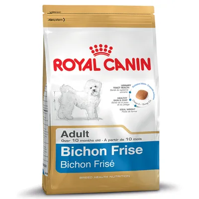 Royal Canin Bichon Frisé Adult dry food, over 10 months old. Features: urinary tract health, healthy skin and coat, ideal weight, exclusive kibble shape.