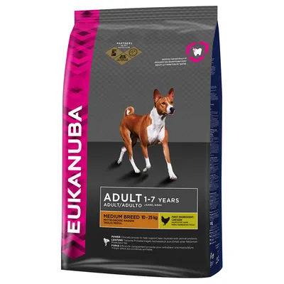 Saco de ração Eukanuba Adult 1–7 Years para cães de raça média 10–25 kg. Indicação: primeiro ingrediente frango. Texto visível em inglês, alemão, italiano e francês.