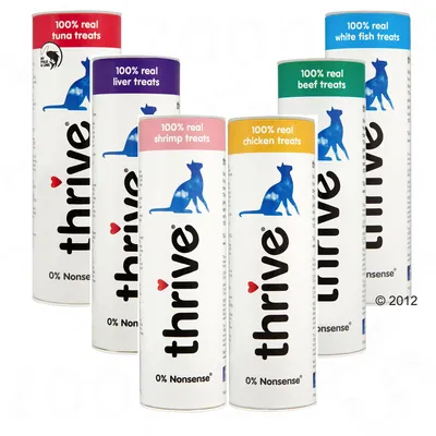 Tuburi thrive cu text vizibil: 100% real tuna treats, liver treats, shrimp treats, chicken treats, beef treats, white fish treats. 0% Nonsense. Siluetă albastră de pisică.