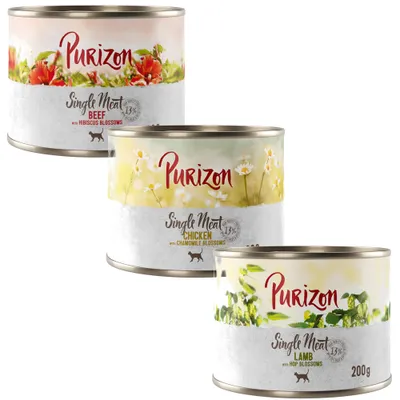 Purizon Single Meat: Beef met hibiscusbloesems, Chicken met kamillebloesems, Lam met hopbloesems, telkens in een blik van 200 g. Purizon Single Meat: Beef met hibiscusbloesems, Chicken met kamillebloesems, Lam met hopbloesems, telkens in een blik van 200 g.