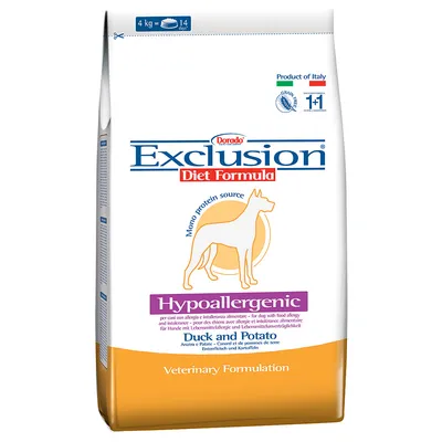 Dorado Exclusion Diet Formula Hypoallergenic Duck and Potato, 4 kg motsvarar 14 dagar. Mono protein source. Product of Italy. Veterinary Formulation.