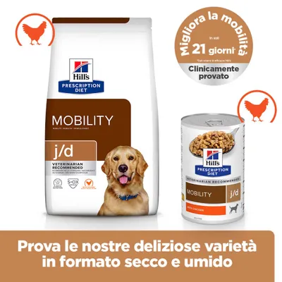 hill's prescription diet mobility j/d alimento secco e umido con pollo, clinicamente testato per migliorare la mobilità in 21 giorni. Confezioni con immagine di cane visibile. hill's prescription diet mobility j/d alimento secco e umido con pollo, clinicamente testato per migliorare la mobilità in 21 giorni. Confezioni con immagine di cane visibile.