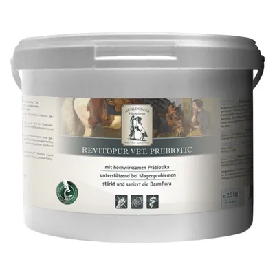 Găleată Achldorfer Pferdefutter Revitopur Vet. Prebiotic, 2,5 kg, text vizibil în germană: mit hochwirksamen Präbiotika, unterstützt bei Magenproblemen, stärkt und saniert die Darmflora.
