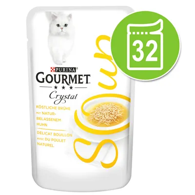 Purina Gourmet Crystal délicat bouillon avec du poulet naturel, sachet illustré avec un chat blanc et une assiette de bouillon, pastille verte avec le chiffre 32 en haut à droite.