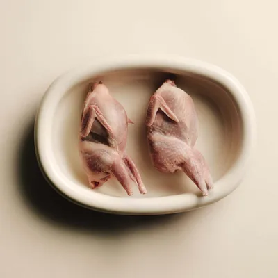 Twee rauwe, hele kwartels naast elkaar geplaatst in een witte schaal. Twee rauwe, hele kwartels naast elkaar geplaatst in een witte schaal.