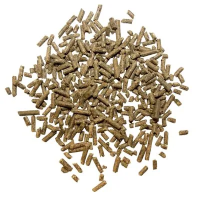 Bruine diervoederbrokjes in cilindervorm, los gestrooid op een witte achtergrond. Geen merknaam of verpakking zichtbaar.