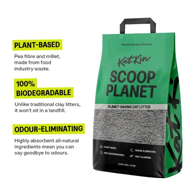 Plant-based, 100% biodegradable, odour-eliminating cat litter made from pea fibre and millet. Highly absorbent, all-natural ingredients. Fast-clumping and eco-friendly.