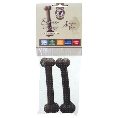 Canis Natural Swiss-Bone DER Vitalknochen Schweizer Poulet, 2 ben i pakke. Tekst: Dental Care, Easy feeding: one dog–one bone, hypo-allergen, carefully manufactured, gluten free.