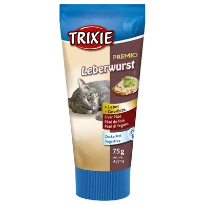 TRIXIE Premio Leberwurst, maksapatee kissoille, sokeriton, 75 g. Tekstit: +Leber -Gewürze, Liver Pâté, Zuckerfrei Sugarfree, Art.-Nr. 42714. Kuvassa kissa ja leipäviipale.
