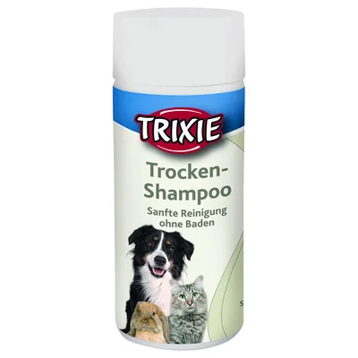 Trixie Trocken-Shampoo, testo in tedesco: 'Sanfte Reinigung ohne Baden', immagine di cane, gatto e coniglio sulla confezione.