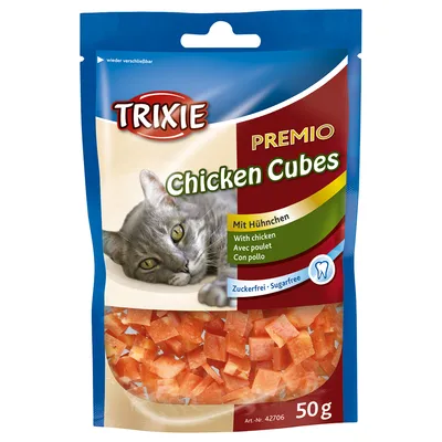 Συσκευασία Trixie Premio Chicken Cubes 50g, κύβοι κοτόπουλου για γάτες. Εμφανίζεται η ένδειξη χωρίς ζάχαρη (Zuckerfrei · Sugarfree) και το κείμενο With chicken σε πολλές γλώσσες.