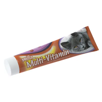 Smilla Multi-Vitamin Paste with 12 vitamins and taurine, image of a grey cat on the packaging.