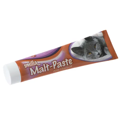 Smilla Malt-Paste Anti-Hairball, oranssi tuubi, jossa harmaan kissan kuva. Auttaa vähentämään karvapalloja kissoilla.