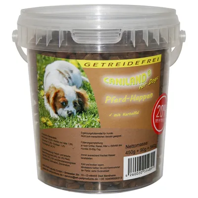 CANILAND for Dogs Pferd-Happen, viljaton koiranherkku perunalla. Nettomassa: 450 g + 90 g = 540 g. Etiketissä kuva koirasta ja teksti '20% mehr Inhalt'.