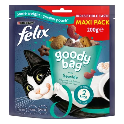 Felix goody bag treats, Seaside flavour with salmon, pollock and trout, 200g maxi pack. Contains proteins, vitamins, omega 6. On average 2 kcal per treat. Same weight, smaller pouch.