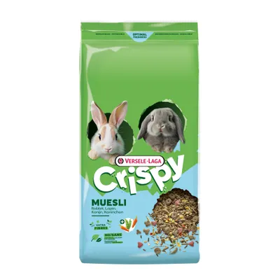 Versele-Laga Crispy Muesli kaneille, ekstra kuitua, uudelleensuljettava pakkaus, kuva kahdesta kanista ja ruokaseoksesta. Versele-Laga Crispy Muesli kaneille, ekstra kuitua, uudelleensuljettava pakkaus, kuva kahdesta kanista ja ruokaseoksesta.