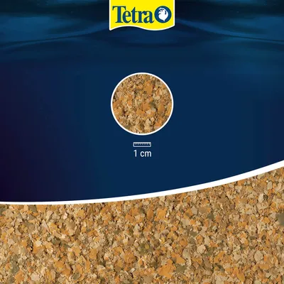 Tetra fiskefoderflager, detaljevisning af flage-størrelse med målestok: 1 cm.