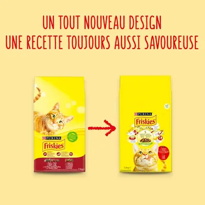 Un tout nouveau design, une recette toujours aussi savoureuse. Deux paquets de croquettes pour chat Purina Friskies 7,5 kg, ancien et nouveau packaging montrés côte à côte.