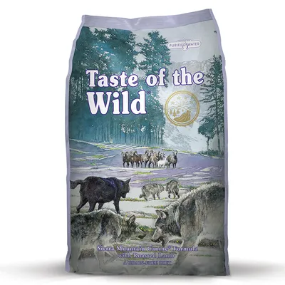 Упаковка Taste of the Wild Sierra Mountain Canine Formula with Roasted Lamb, изображены волки и овцы, надписи на английском языке.