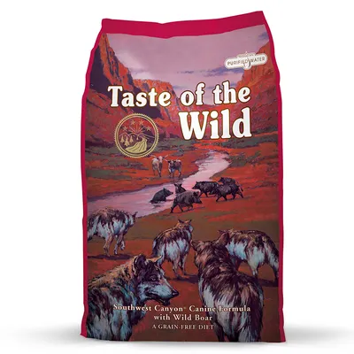 Taste of the Wild Southwest Canyon Canine Formula with Wild Boar feliratú kutyatáp csomagolás, Purified Water jelöléssel, vadon élő állatok illusztrációjával.