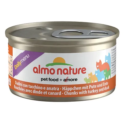 Консерва almo nature Daily Menu, кусочки с индейкой и уткой, надпись pet food + amore на упаковке