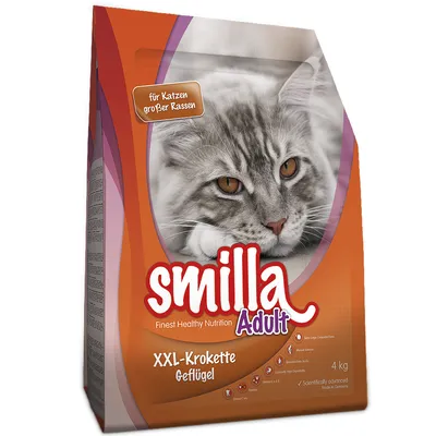Упаковка корма для кошек Smilla Adult XXL-Krokette Geflügel, 4 кг, изображение крупной серой кошки, текст на немецком: für Katzen großer Rassen