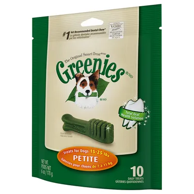 Greenies The Original Smart-Treat, przysmaki dla psów 7–11 kg, opakowanie 170 g, 10 sztuk. Widoczny napis: Total Oral Health Solution, Treats for Dogs 15–25 lbs PETITE.