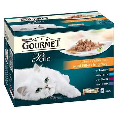 Gourmet Perle Chef’s Collection Mini Fillets in Gravy, with turkey, tuna, duck and lamb. Pack contains 12 x 85g portions. Satisfaction guaranteed is stated on the box.
