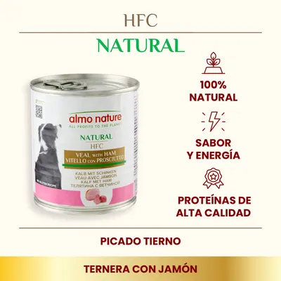 Lata de comida para perros almo nature HFC Natural ternera con jamón. Texto visible: 100% natural, sabor y energía, proteínas de alta calidad, picado tierno, ternera con jamón.