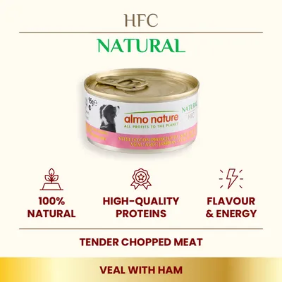 almo nature HFC Natural veal with ham, 95g tin. Text: 100% natural, high-quality proteins, flavour & energy, tender chopped meat, veal with ham. All profits to the planet.