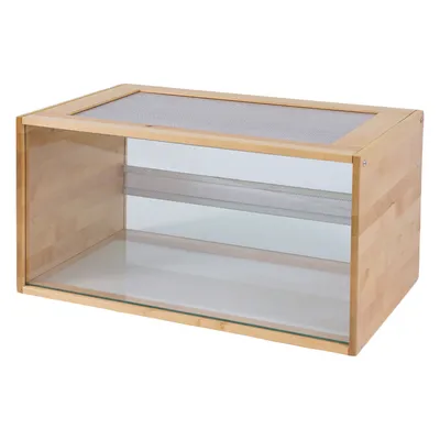 Terrario in legno con frontale in vetro e griglia metallica superiore, adatto per piccoli animali. Forma rettangolare con aspetto legno naturale.