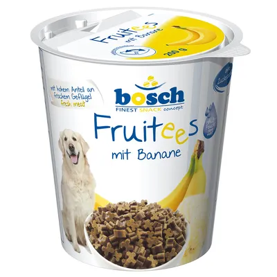 bosch Fruitees mit Banane, honden op verpakking, afbeelding van banaan en bakje met kleine snacks, tekst: mit hohem Anteil an frischem Geflügel, 200 g
