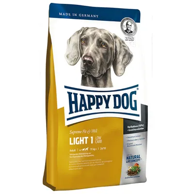 Balenie krmiva Happy Dog Supreme Fit & Well Light 1 Low Carb, Adult, 11 kg, vyrobené v Nemecku. Viditeľný obrázok psa a text Natural Life Concept.