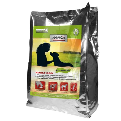Sac de croquettes MAC's Adult Dog, 63 % Weide-Lamm, monoprotein, sans arômes artificiels ni sucre ajouté. Texte en allemand sur les bénéfices et ingrédients visibles sur l'emballage.