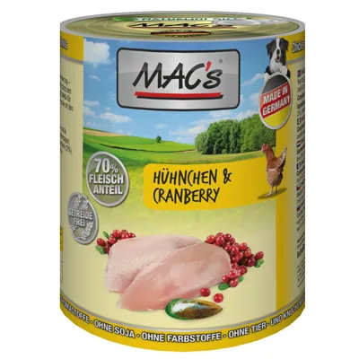 MAC's våtfoderburk med text: 70% Fleischanteil, Hühnchen & Cranberry, Getreidefrei, Made in Germany. Bild på kycklingkött och tranbär på förpackningen.