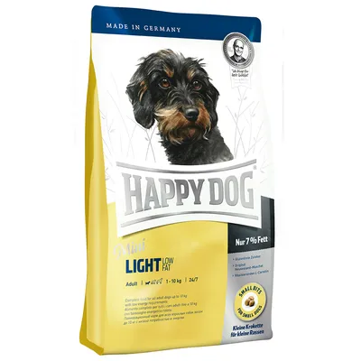 Opakowanie Happy Dog Mini Light Low Fat, Adult 1–10 kg, zawartość tłuszczu 7 %, małe krokiety dla małych ras, widoczny napis Made in Germany.
