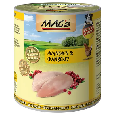 MAC's Hühnchen & Cranberry, 70% Fleischanteil, Getreidefrei, Made in Germany. Na opakowaniu widoczne piersi kurczaka i żurawina. Bez soi, barwników, aromatów, mączki kostnej.