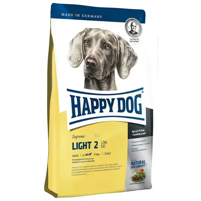 Balenie krmiva Happy Dog Supreme Fit & Well Light 2 Low Fat pre dospelých psov nad 11 kg, vyobrazený pes, nápisy: Made in Germany, Natural Life Concept, obsah tuku 6,5 %