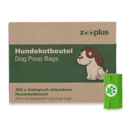 Hundekotbeutel von Zooplus, 300 biologisch abbaubare Beutel. Verpackung mit grünem Design und Hundegrafik, inklusive einer grünen Rolle mit Pfotenmotiv.