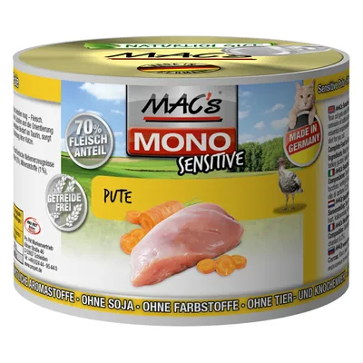 MAC's MONO Sensitive Pute cat food tin, 70% Fleischanteil, Getreidefrei, Made in Germany, image of turkey breast and carrots on label. Visible text in German.
