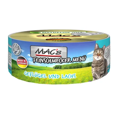 MAC's Feinschmecker Menü konzerva za mačke, Geflügel und Lachs, oznake Grain Free i Made in Germany, slika mačke na pakiranju.