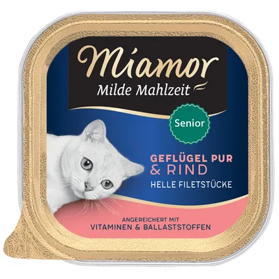 Miamor Milde Mahlzeit Senior, Geflügel pur & Rind, helle Filetstücke. Angereichert mit Vitaminen & Ballaststoffen. Billede af kat på emballagen.